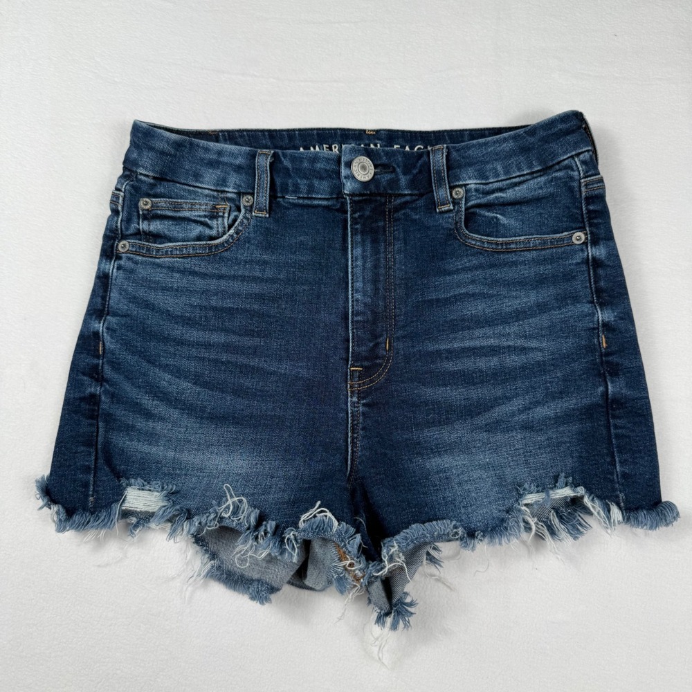 American Eagle Curvy Hi-Rise Shortie 10 Dark‎ Distressed Boho Denim Shorts
